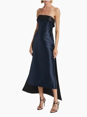 Amsale Mikado Satin Strapless Navy High-Low Tea-Length Evening Dress